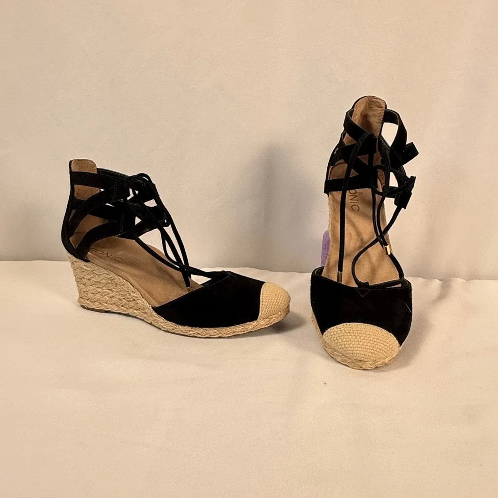 Vionic Calypso Black Suede Espadrille Wedge Sandals Lace Up Cap Toe Women's 7.5